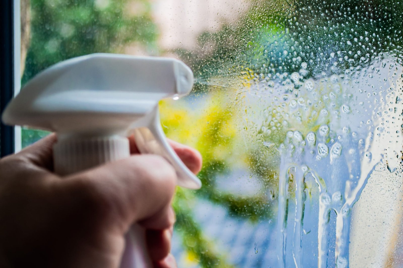 Limpar o vidro da janela com detergente em spray. No exterior da janela, rua esbatida, casas, vegetação