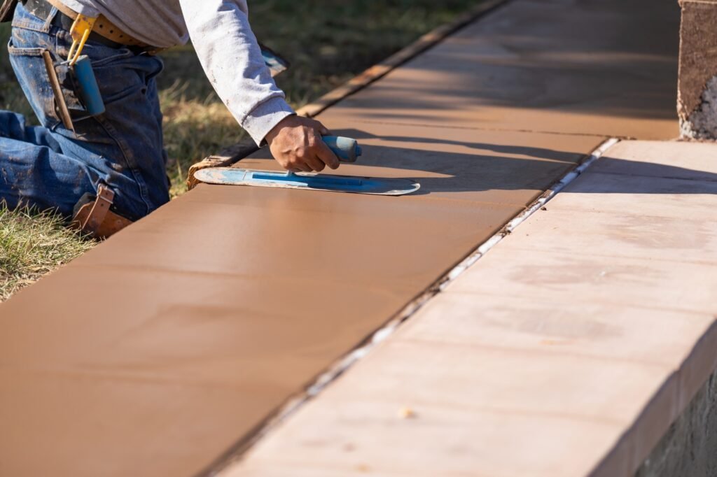 Construction Worker Smoothing Wet Cement With Trowel Tools