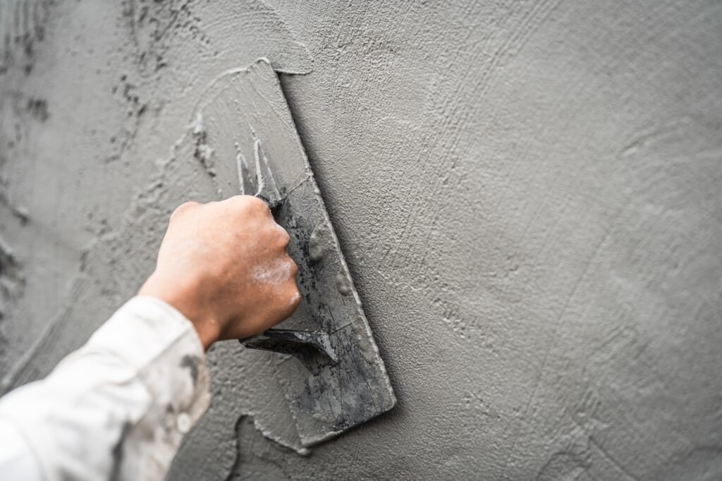 Hand worker plastering cement wall with rough concrete for smooth building wall well free space