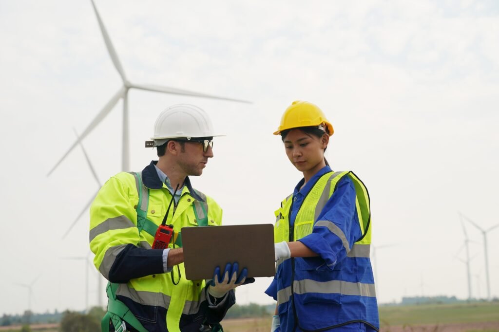 Sustainable energy industry - Engineers working at alternative renewable wind energy farm